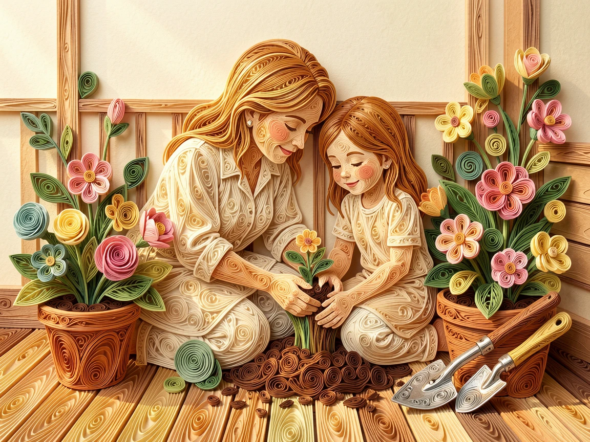 A heartwarming moment of a mother and daughter planting flowers in a garden on a warm sunlit porch surrounded by blooming flowers, in soft, cozy tones of amber and cream, captured in a tender, intimate close-up moment.