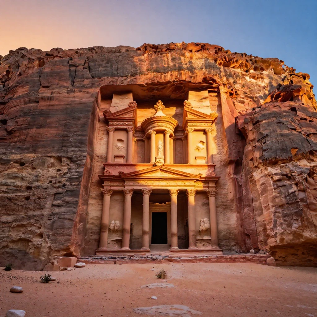 The ancient city of Petra glowing at golden hour