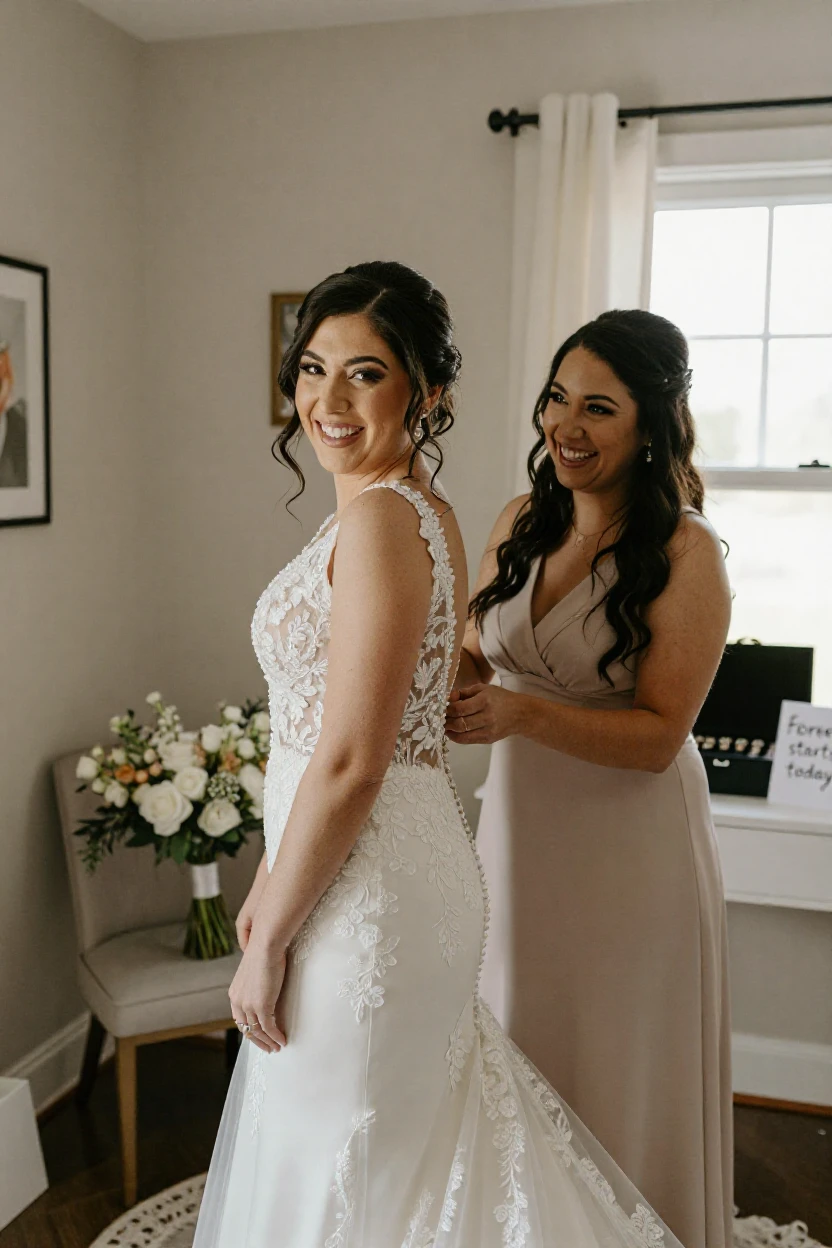 A woman helps her sister into a wedding dress, both giggling nervously.