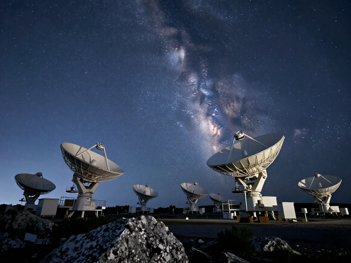 A telescope array pointed toward a star-filled sky atop a remote mountain