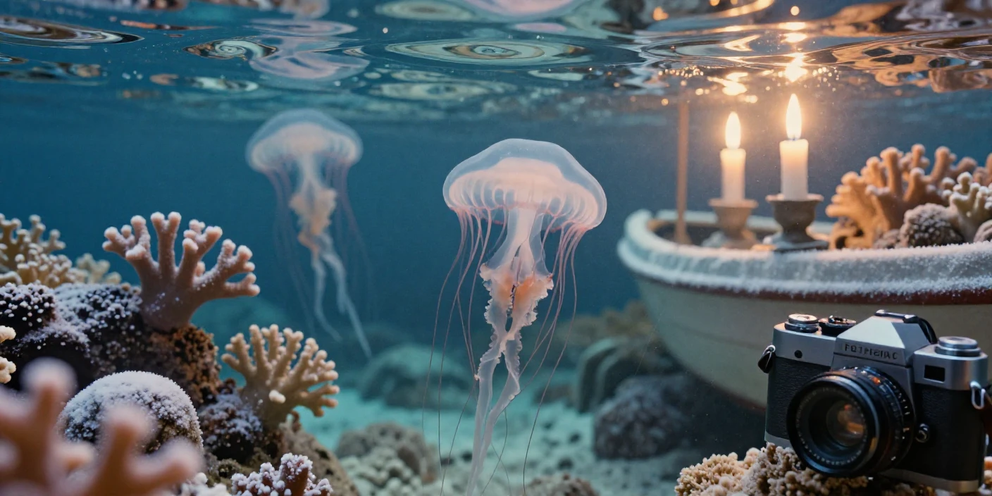 Jellyfish drifting gently through sunlit blue water, under flickering candlelight, with frost coating every surface, under the first snow of winter, in vivid coral and turquoise hues, at eye level, intimate and direct.