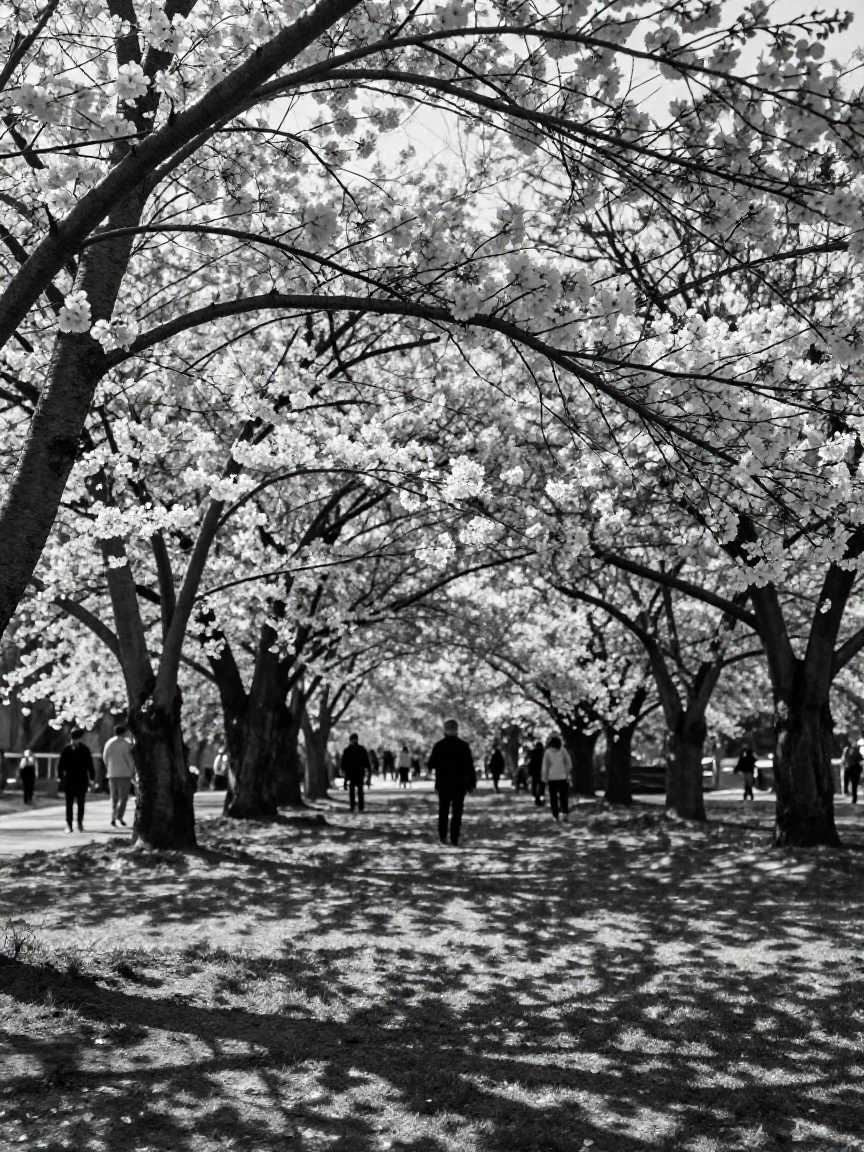 A spring cherry blossom grove bursts into soft pink bloom in a sunny public park.
