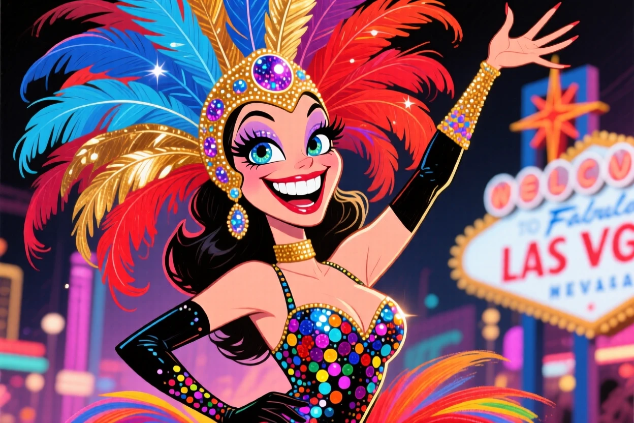 A glittering fictional Vegas showgirl in a feathered headdress, striking a showstopping pose.