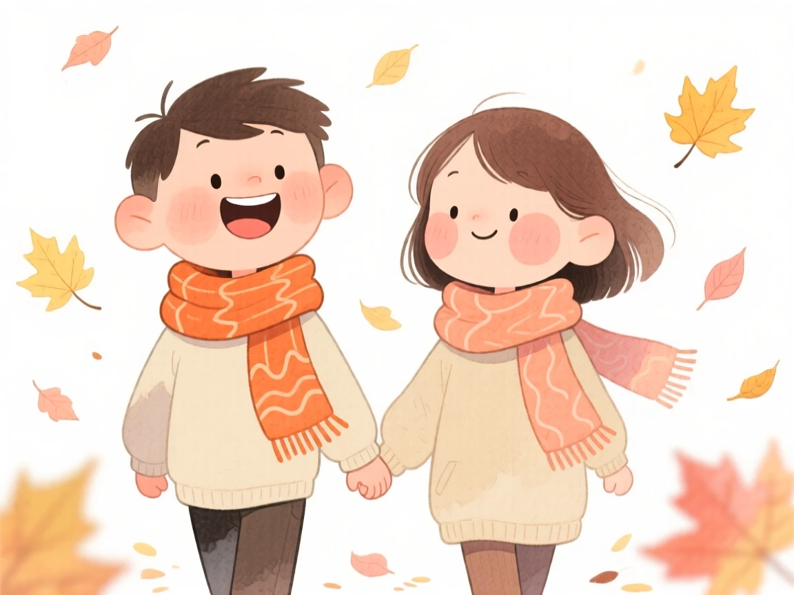 A couple wrapped in matching scarves holding hands while walking through falling autumn leaves