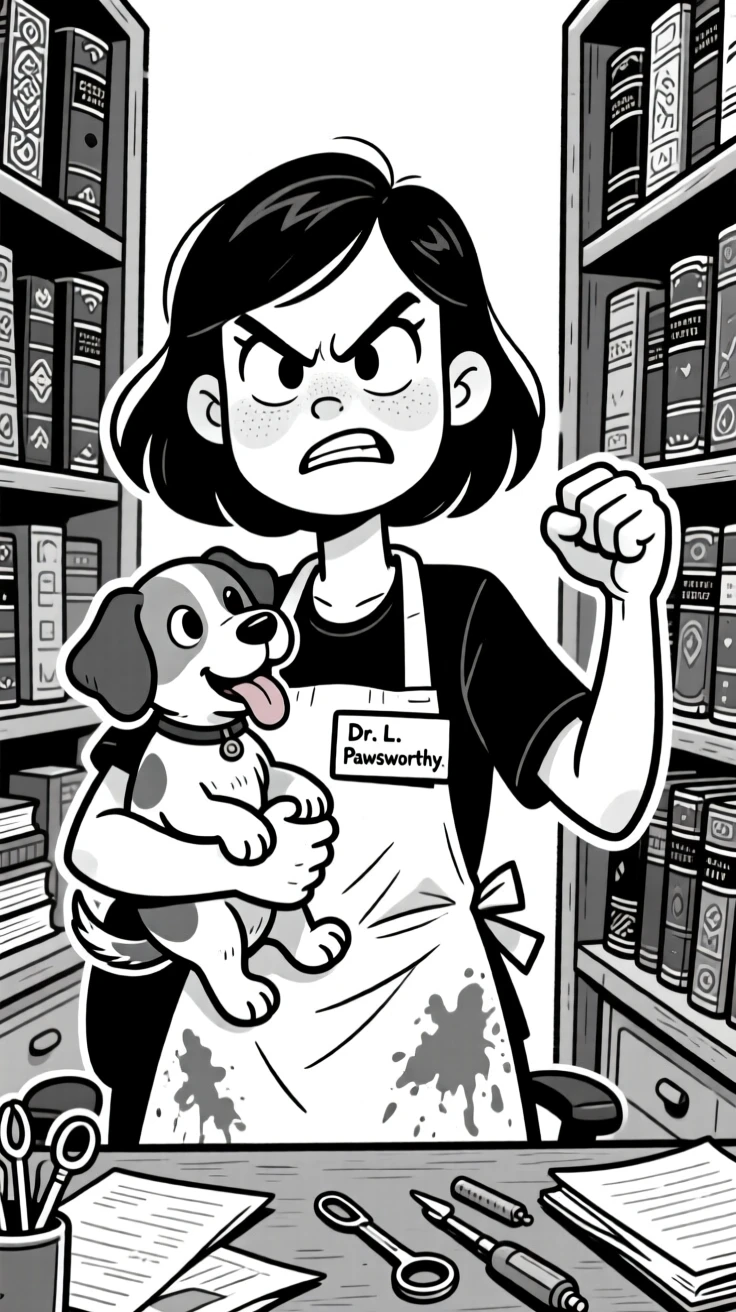 A dedicated veterinarian cradling a wiggly puppy, pounding a fist on a desk mid-closing-argument, set among towering shelves of ancient books. A name tag hangs crookedly from a stained apron. The image captures dedication with a wink of playfulness.
