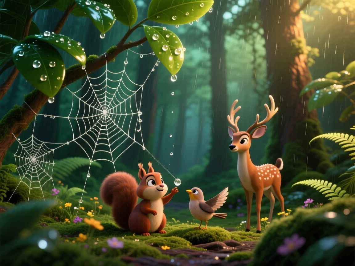 A dense emerald forest glows while a gentle rain begins to fall, with delicate spider webs beaded with dew. A gentle reverence for nature's beauty lingers here.
