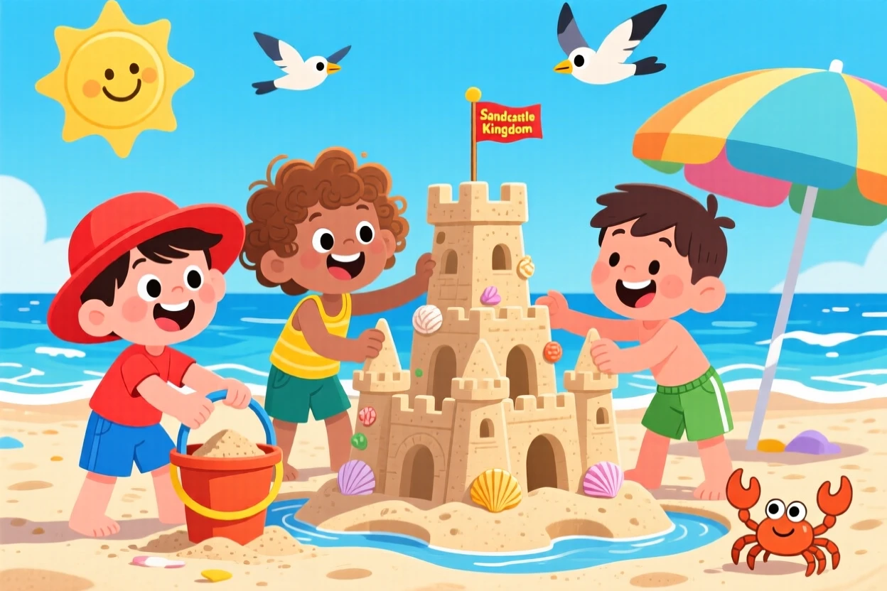Children building sandcastles on a sunny summer beach.
