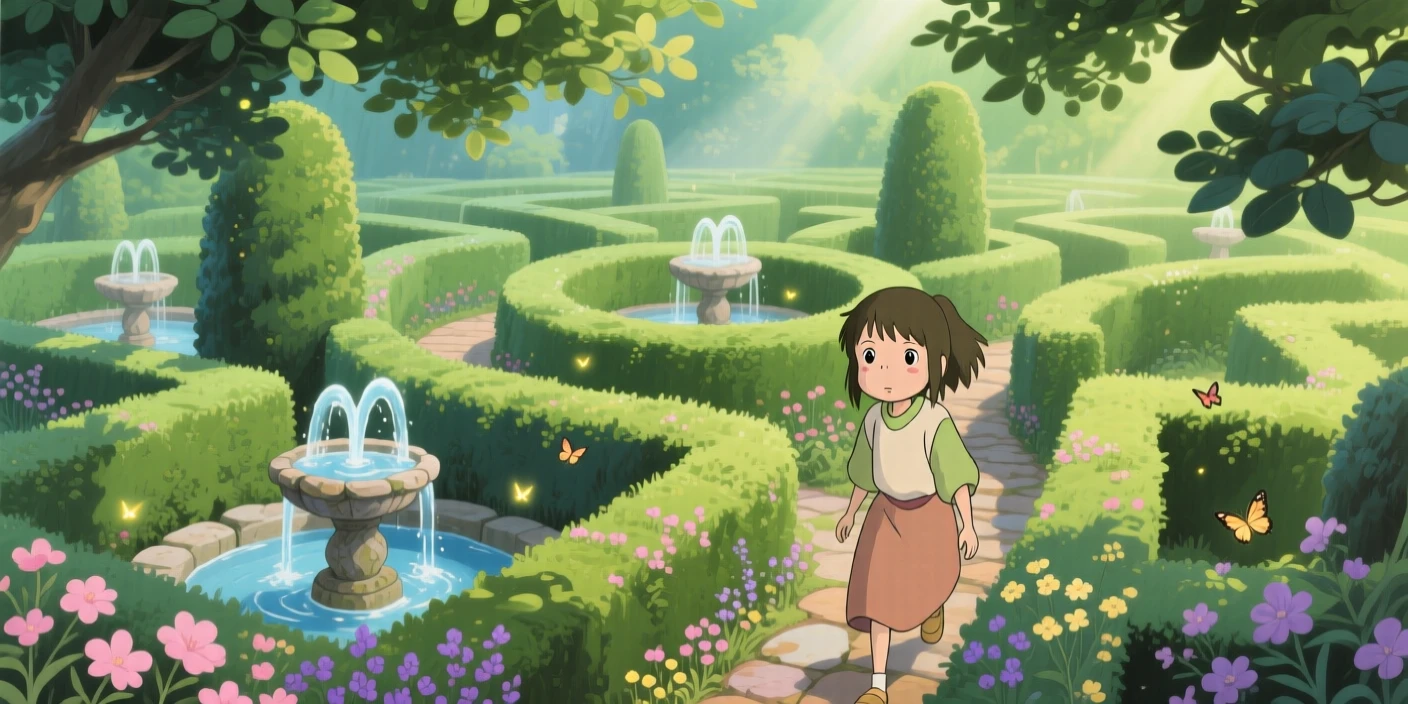 A garden maze of tall hedges and trickling fountains, soft green light filtering through overlapping leaves, creating a scene of quiet natural magic.