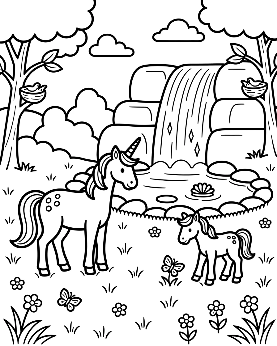 A unicorn family grazing near a sparkling waterfall