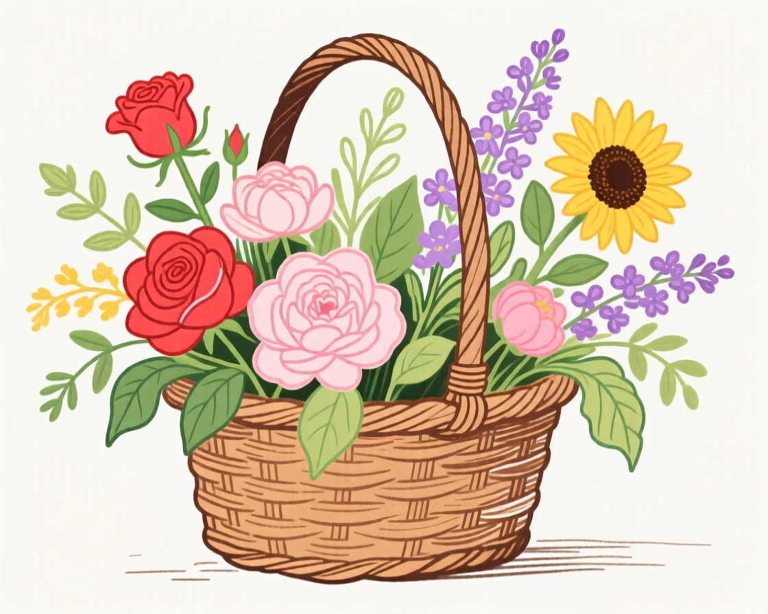 A basket overflowing with fresh garden flowers.