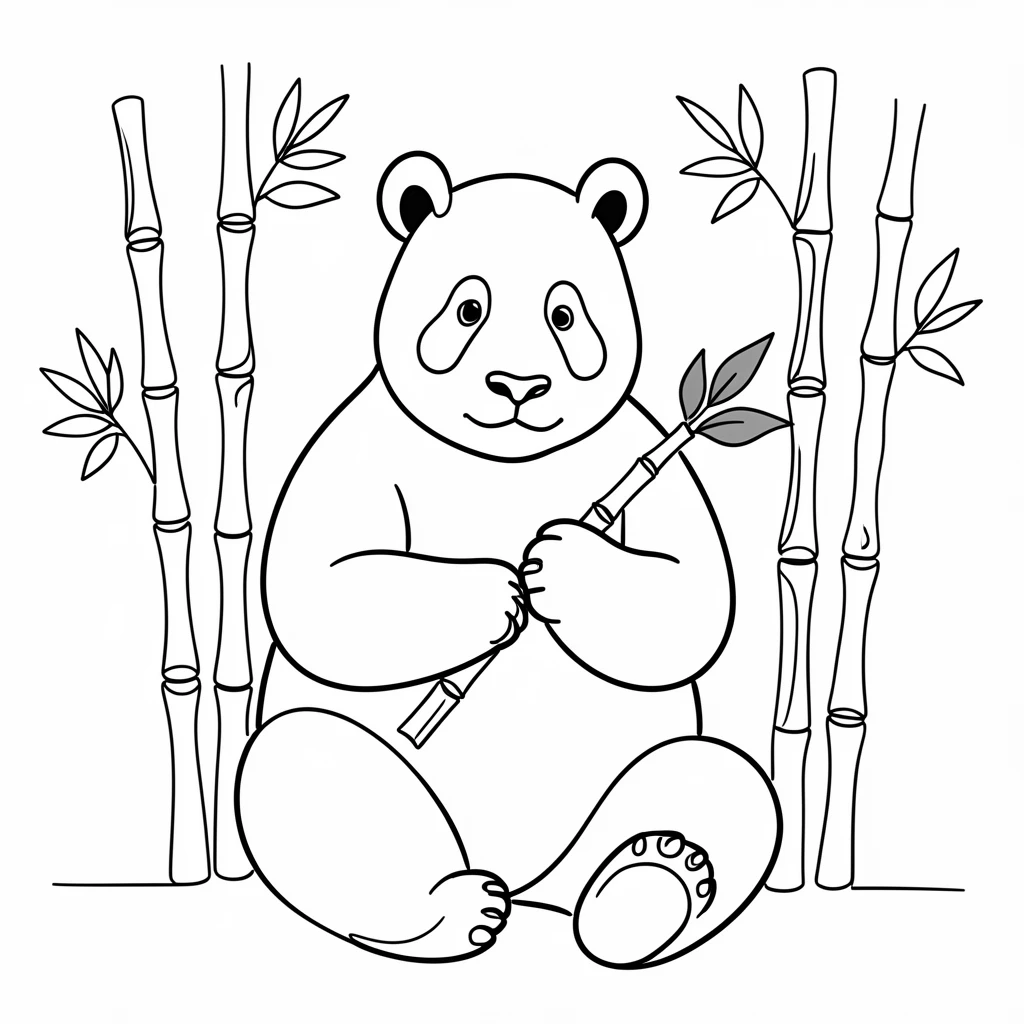 A giant panda sitting among bamboo stalks, chewing a fresh green shoot