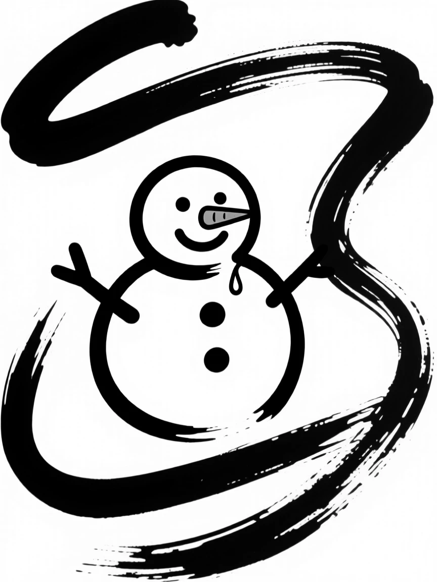 A tiny snowman character with a carrot nose melting slightly in the sun, smiling anyway.