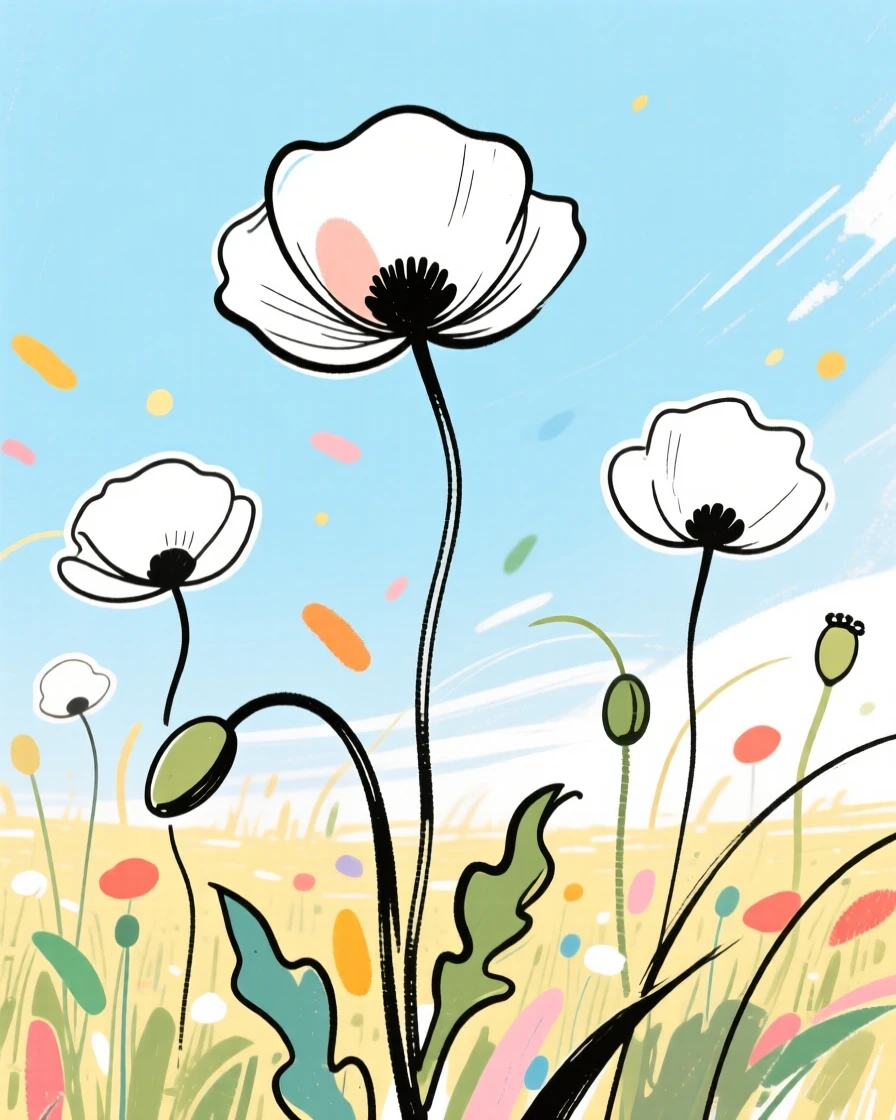 A field of poppies rippling in the wind under a summer sky.