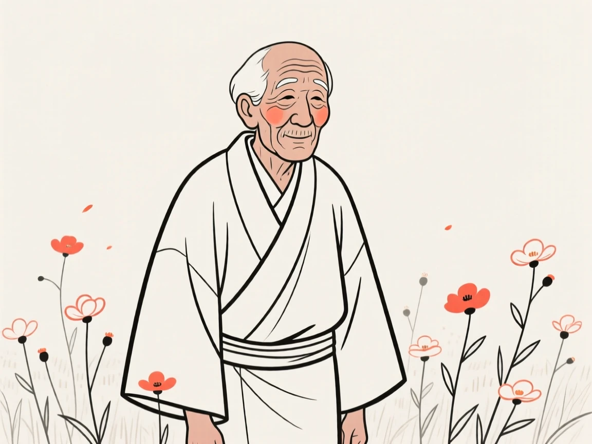 A wise old man of Peruvian heritage wearing a traditional kimono, glowing with nostalgia, in a field of wildflowers.