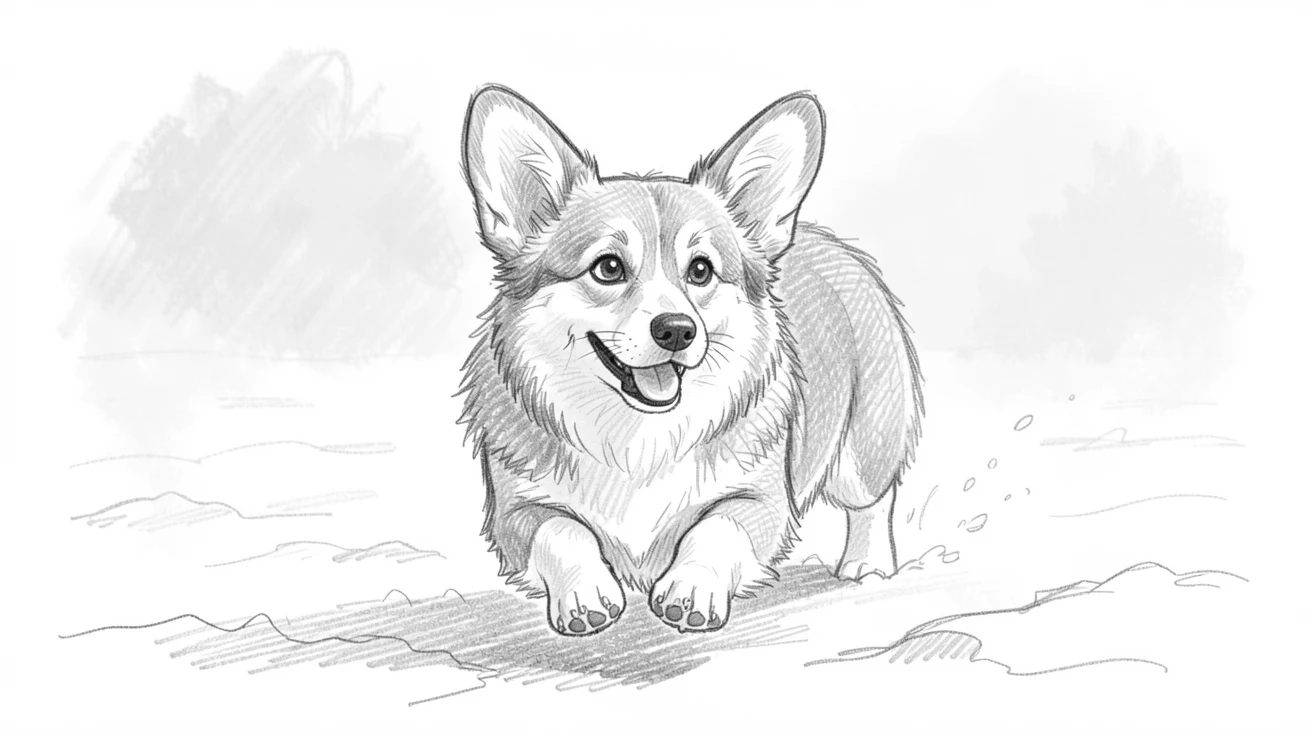 An adorable close-up of a curious corgi running joyfully across a snowy field, framed by soft morning mist.