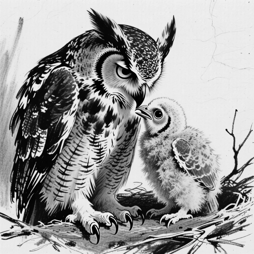 A great horned owl grooming its young with gentle care.