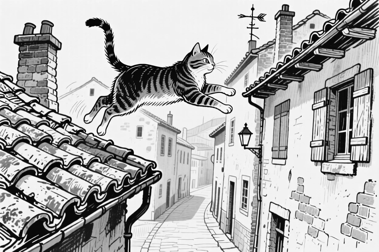 A cat gracefully leaping between two rooftops in an old town.