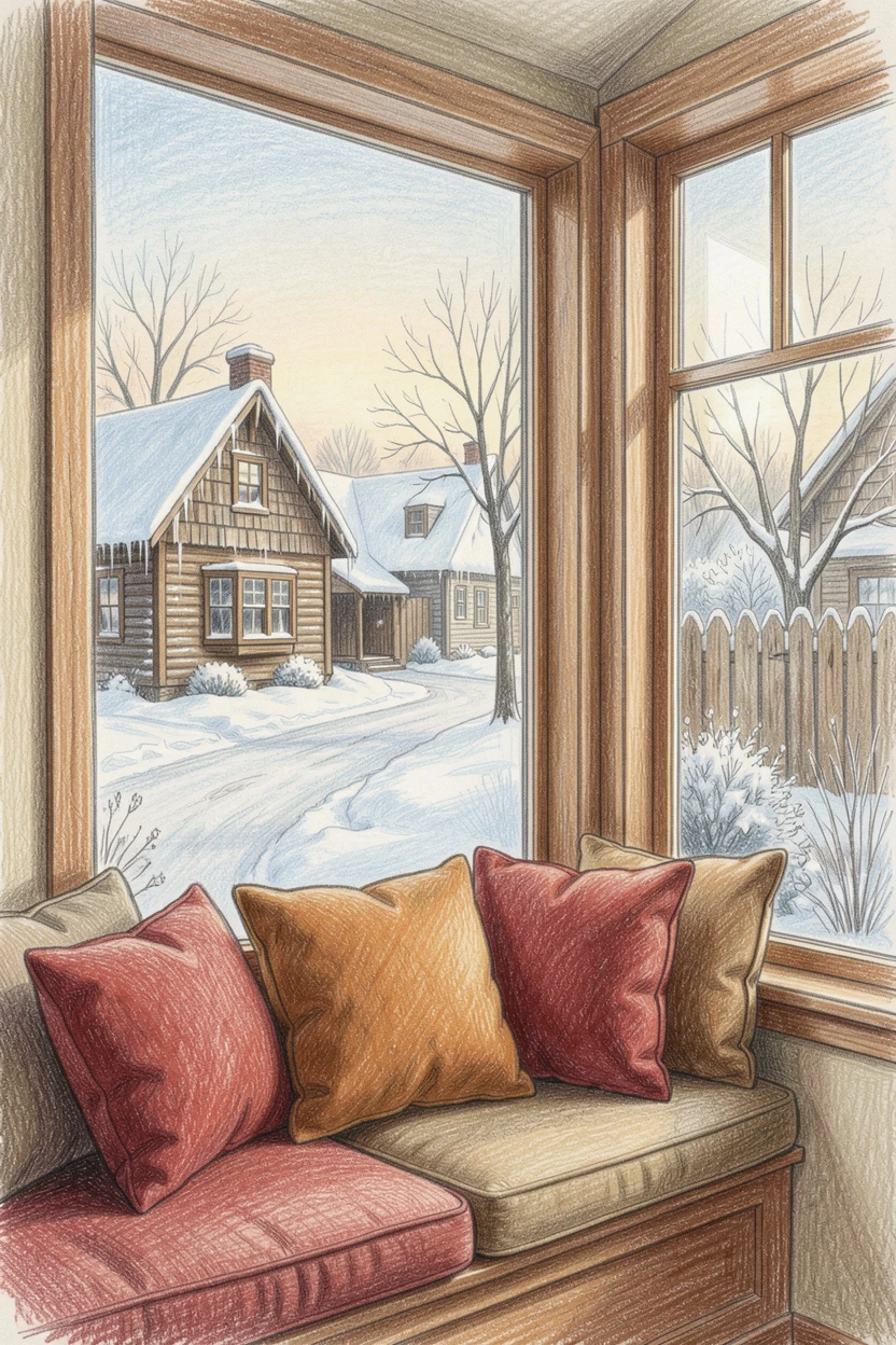 A cozy window seat overlooking a snowy village street, with a view of a quiet garden just outside the window, radiating warmth, comfort, and quiet domestic happiness.