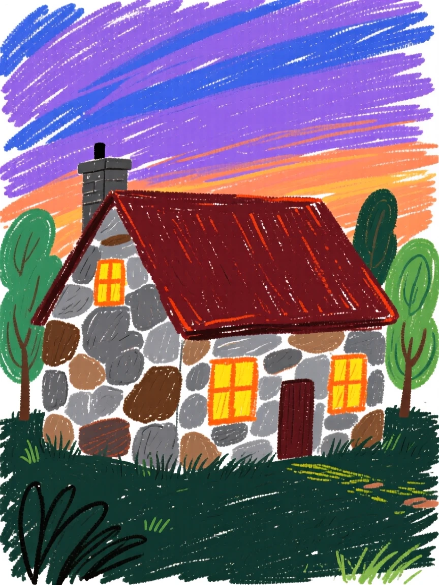 A stone farmhouse glowing warmly with lit windows at dusk.