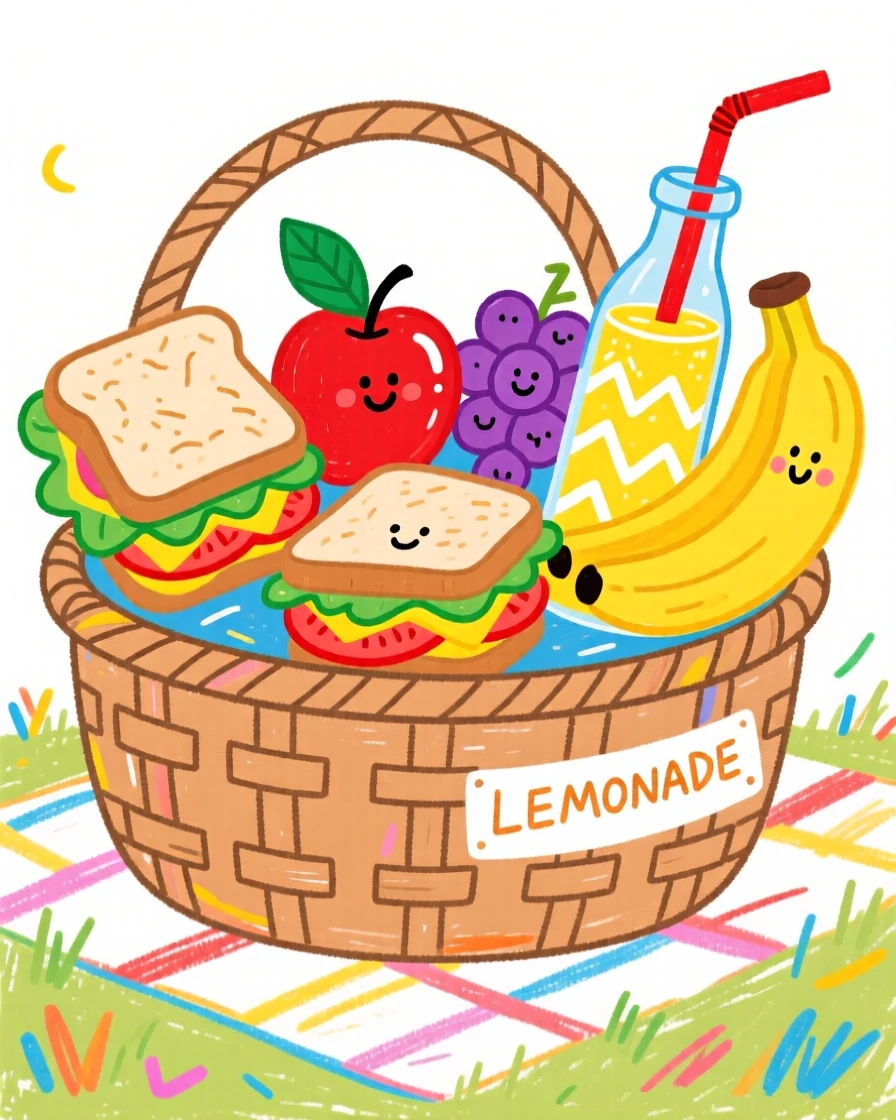 A picnic basket filled with sandwiches, fruit, and lemonade.