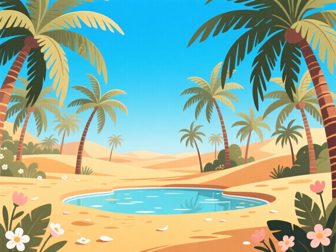 A desert oasis surrounded by swaying palm trees, beneath a vivid blue midday sky, arranged with layered depth creating a sense of vastness, with delicate textures visible in every leaf and petal.