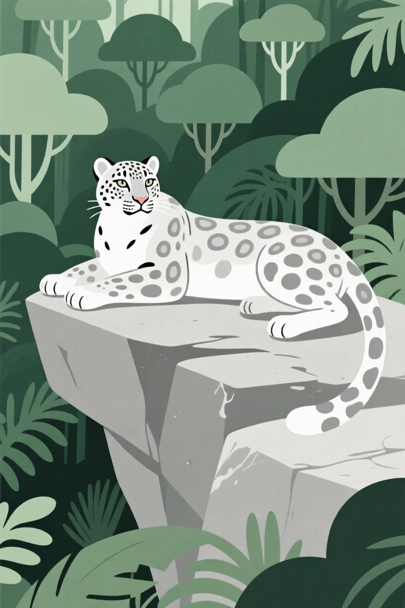 A majestic snow leopard resting on a rocky outcrop overlooking the dense jungle.