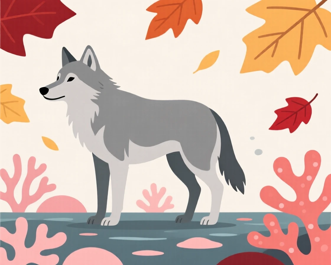 A curious gray wolf pausing in a coral reef, with scattered autumn leaves in the background, radiating calm contentment.