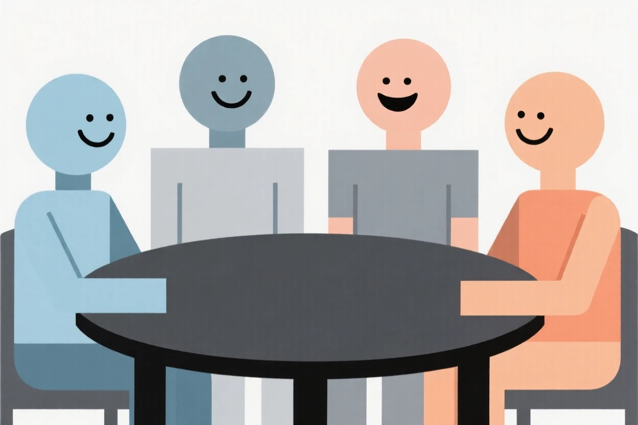A group of friends laughing around a table