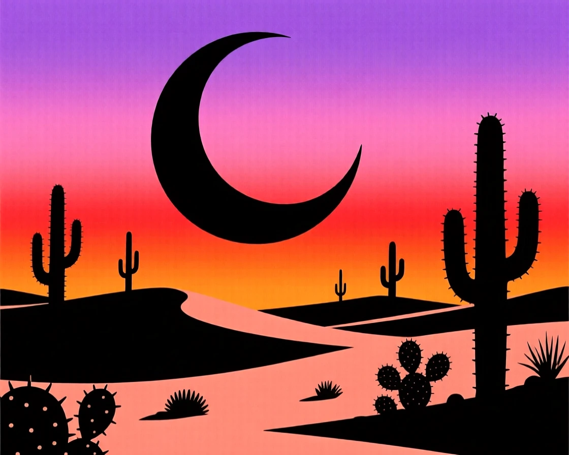 A crescent moon rising over a calm desert landscape dotted with cacti.