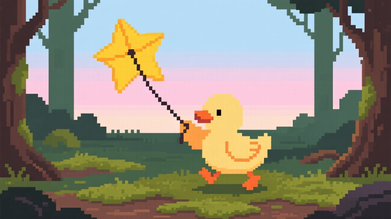 A duckling flying a kite shaped like a star, in a mossy forest clearing at dawn.
