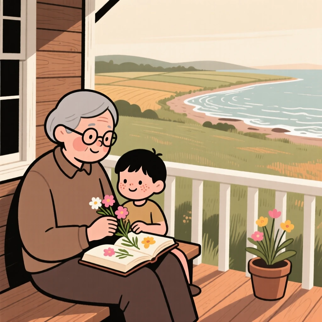 A grandparent shows a young grandchild how to press flowers between book pages in the porch overlooking the fields, both taking their time as the water laps gently at the shore.
