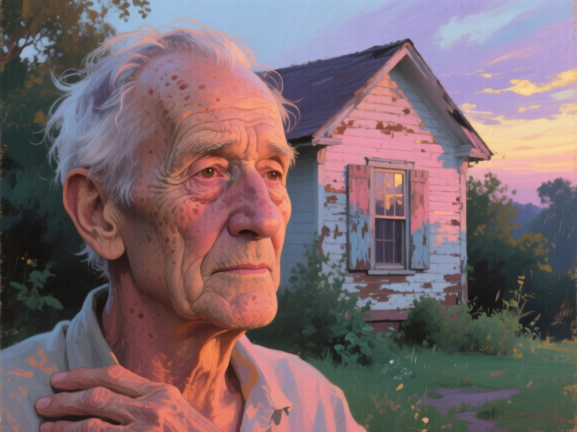 A close-up portrait of an old man revisiting his childhood home after decades away, at the start of a humid summer, at twilight.