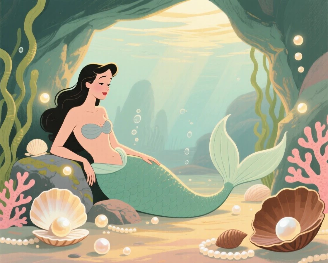 A mermaid's grotto filled with glowing shells and pearls