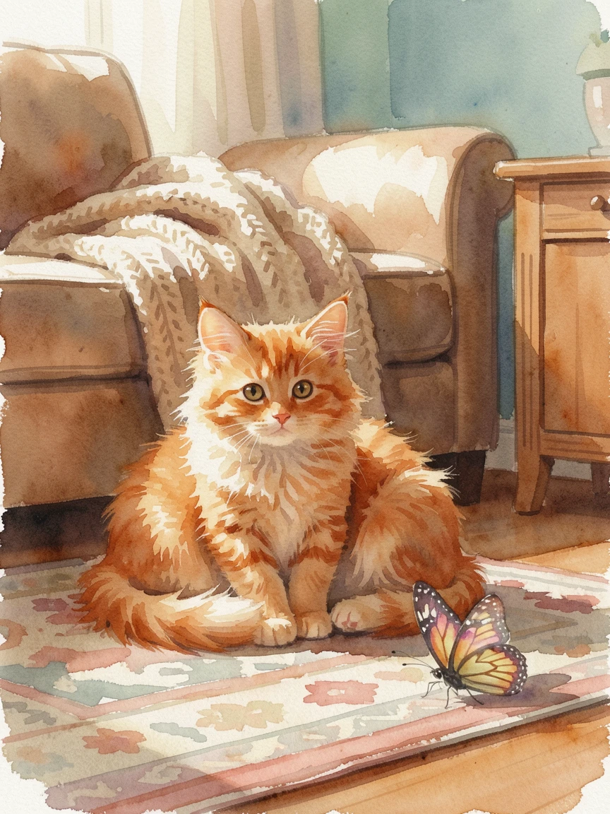 A fluffy orange kitten in a cozy living room with a butterfly resting nearby.