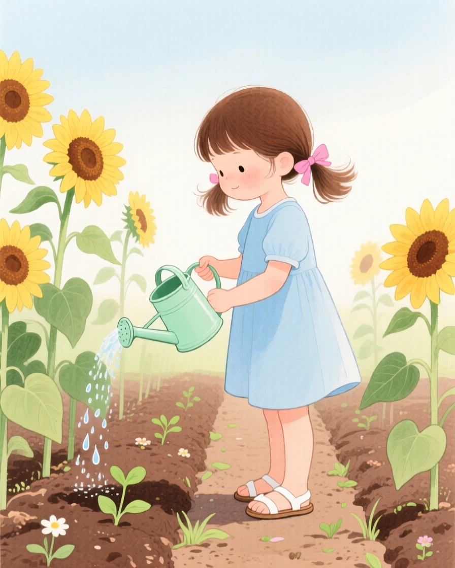 A little girl in pigtails waters her garden with a tiny watering can beside rows of blooming sunflowers