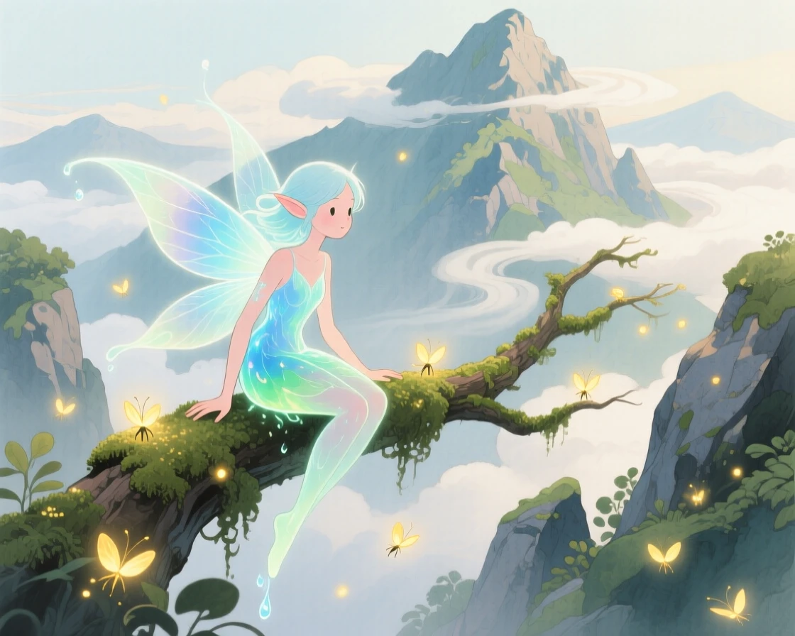 A luminous water sprite perched on a mossy branch surrounded by fireflies, in a mystical mountain peak wrapped in clouds, brimming with magical warmth and beauty.