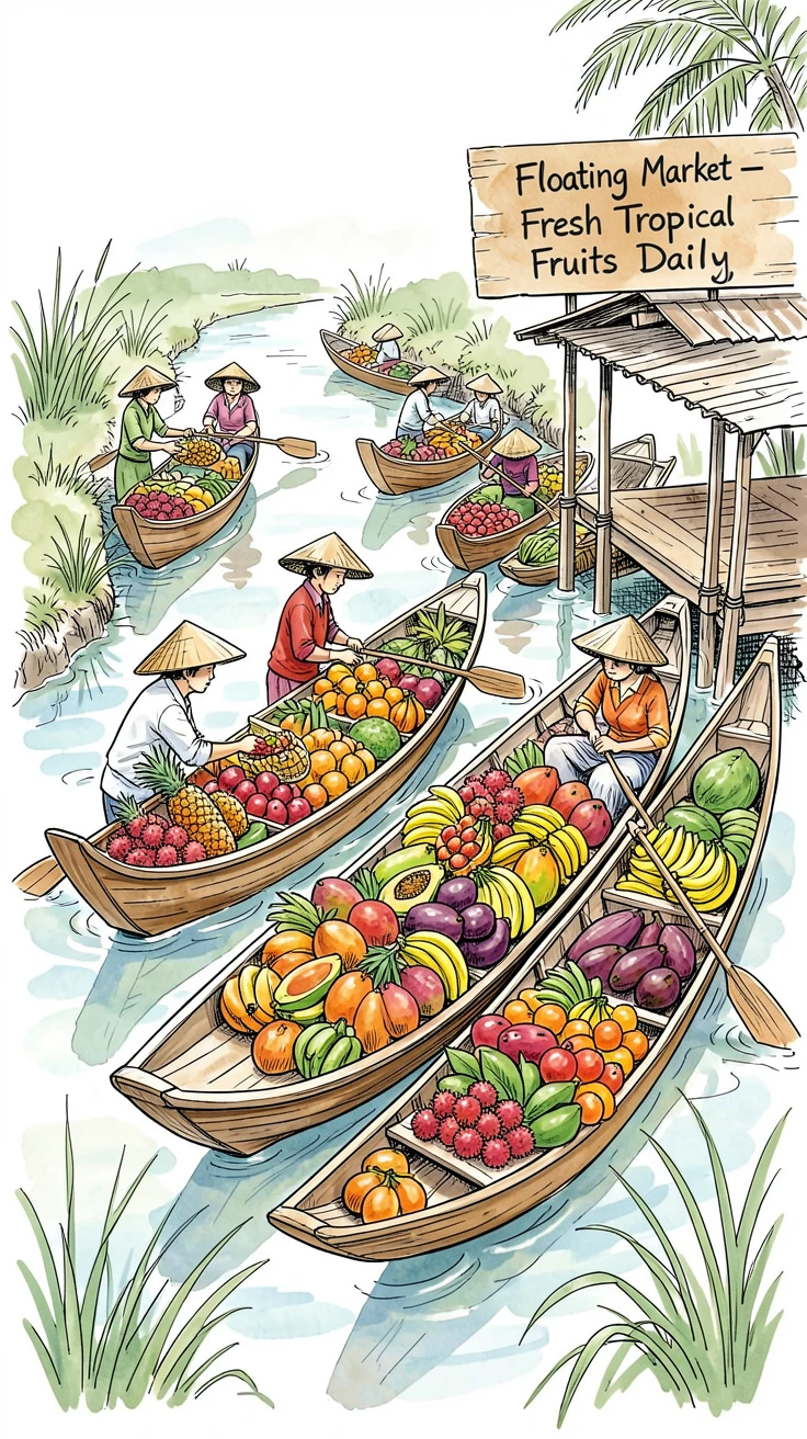 A vibrant floating market with boats piled high with tropical fruit drifting along a narrow river