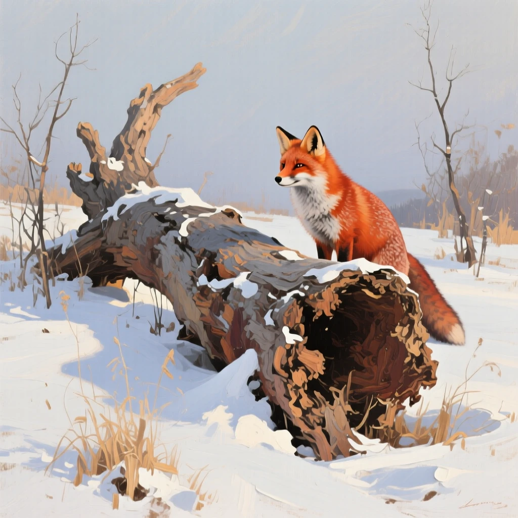 a fox watching from beside a fallen log, on a still winter afternoon, composed along a natural leading line.