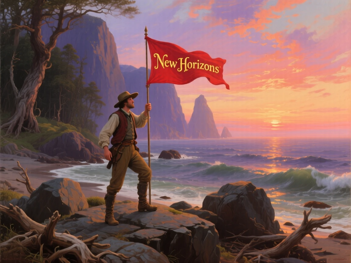 An explorer plants a flag on a newly discovered shore.