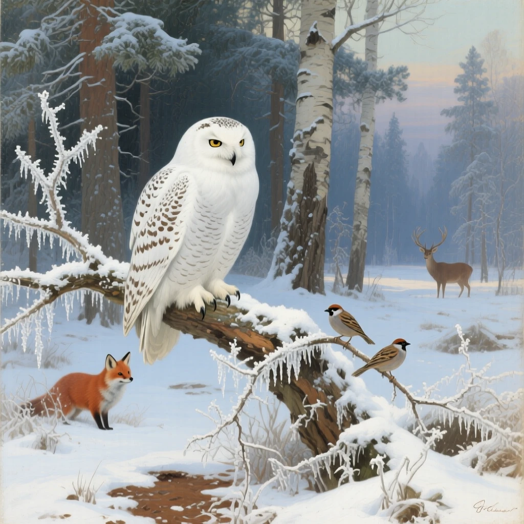 A snowy owl perched silently on a frost-covered branch, as the surrounding wildlife goes on undisturbed, showing the animal in its truest, most authentic element