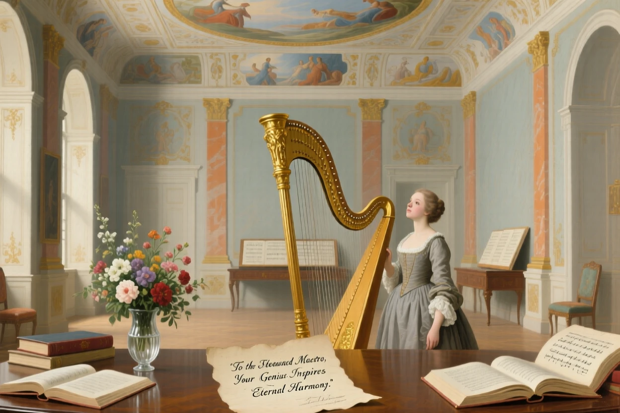 An ornate music room with a gilded harp and painted ceiling holding the quiet grandeur of a bygone era, set within a royal residence steeped in history, with fresh flowers, open books, and half-finished correspondence scattered about; a lone figure or object provides scale against the soaring architecture, capturing the serene majesty of a space built to inspire awe.