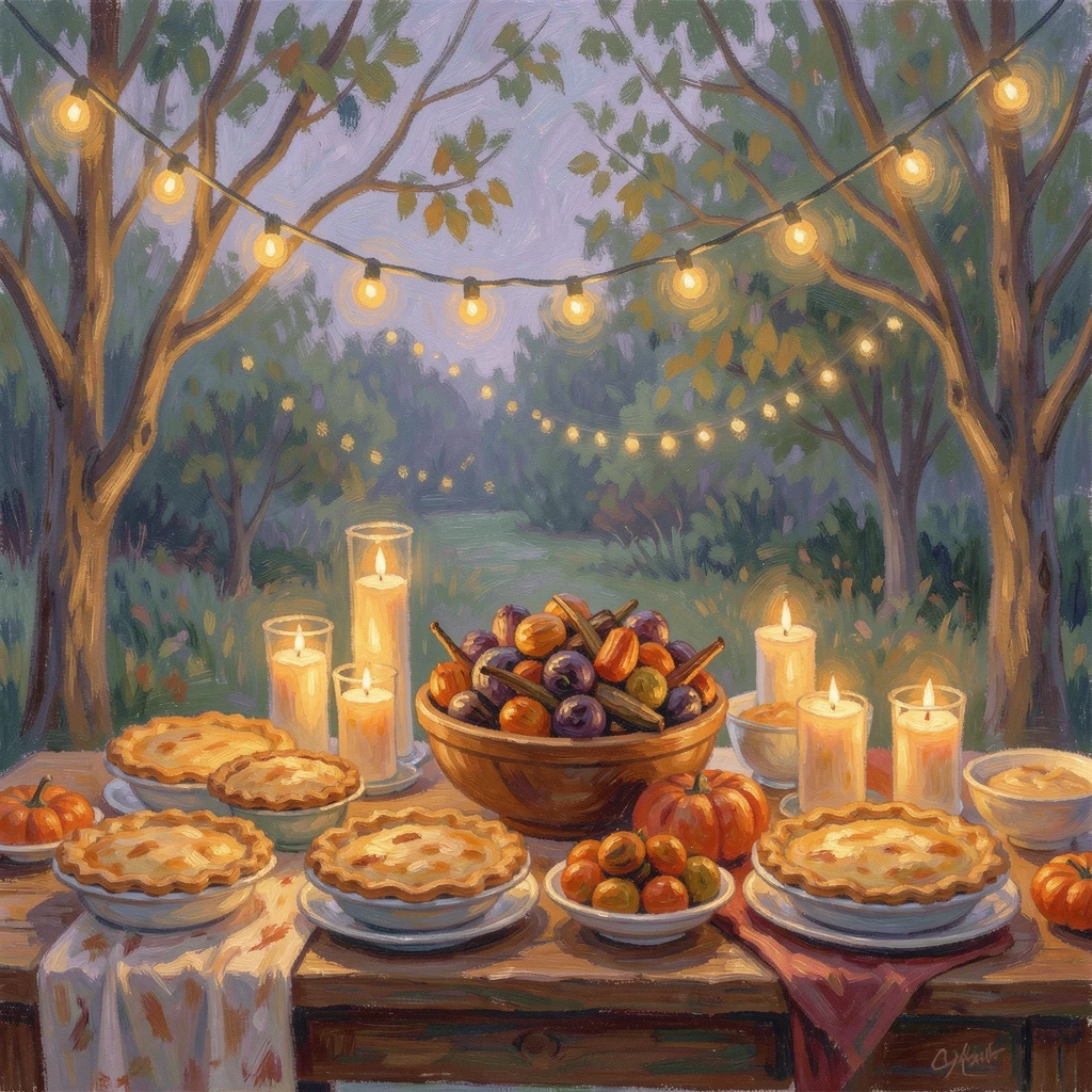 A festive harvest table spread beneath string lights, laden with pies, roasted vegetables, and candles.