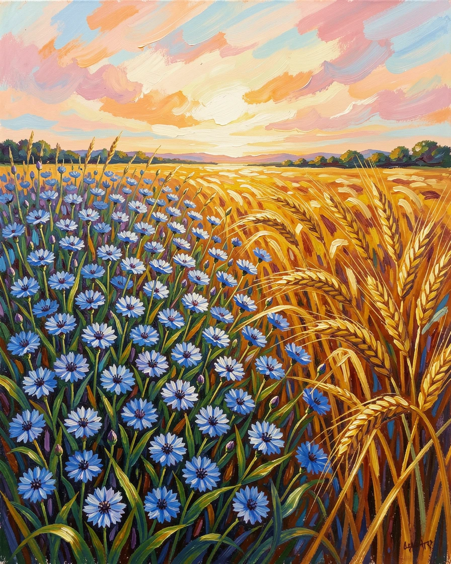 A field of wild cornflowers rippling beside a golden wheat field at harvest time.
