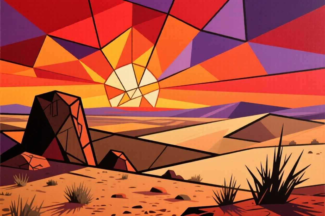 A blazing summer sunset glowing across the sky above a quiet desert horizon.