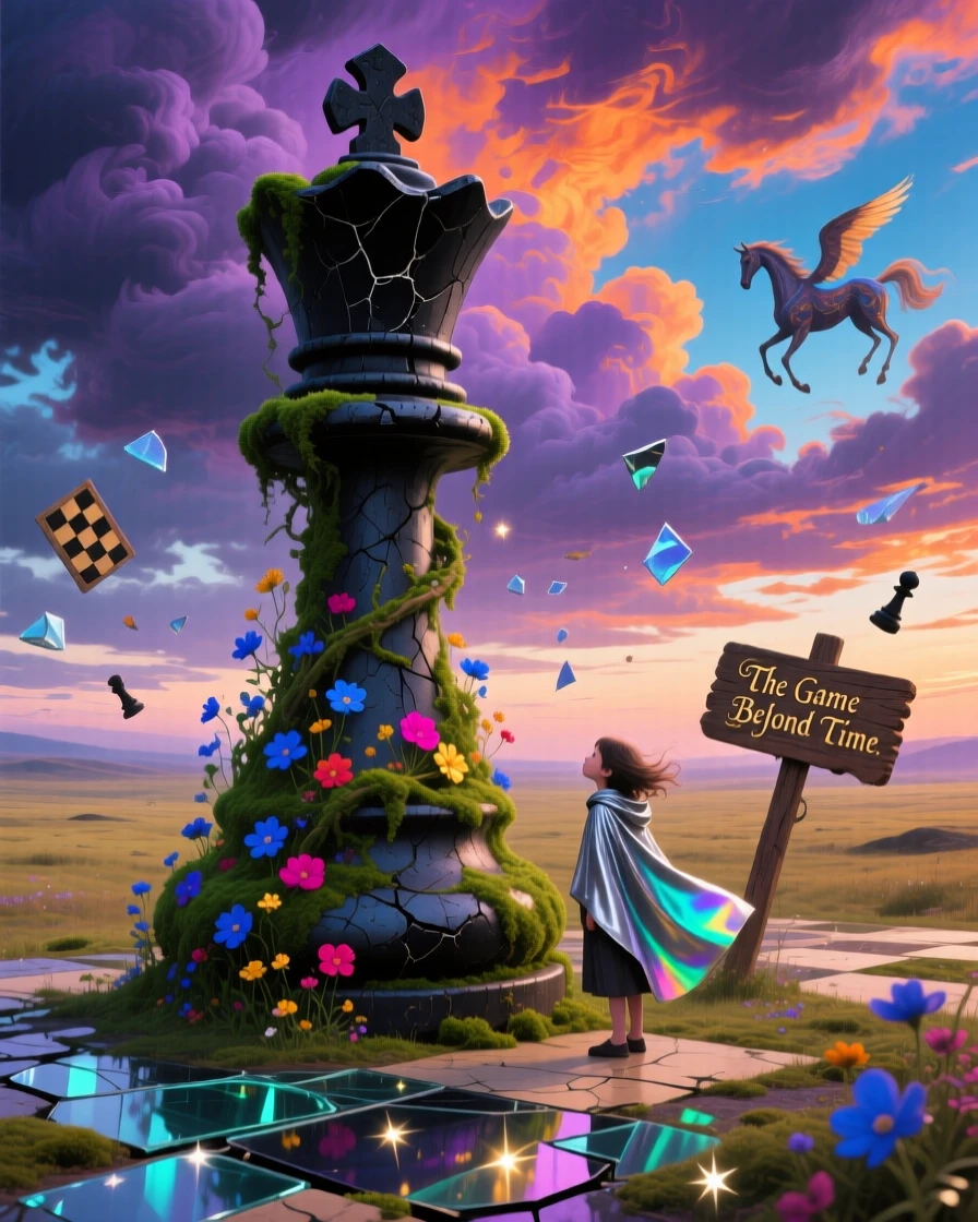 An oversized chess piece standing alone on a windswept plain has become overgrown with moss, vines, and wildflowers, while a single small figure stands beside it for scale.
