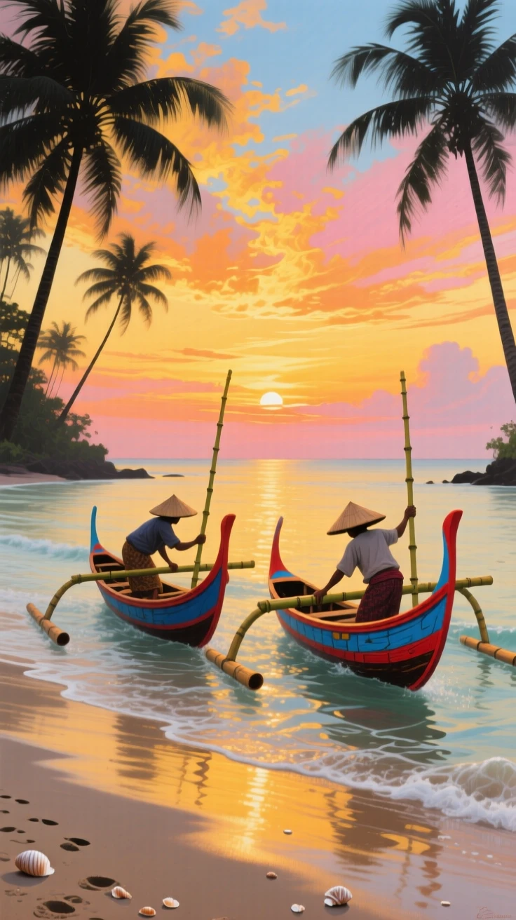 A dramatic sunrise over a beach in Bali shows fishermen launching traditional outrigger boats into gentle surf, palm silhouettes framing the golden sky, small ripples or movement in the foreground giving the otherwise still setting a sense of quiet life.