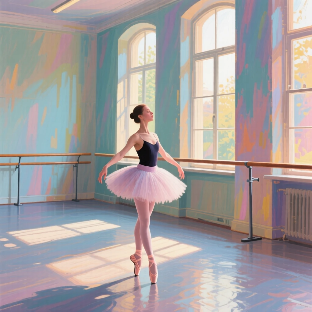 A young ballerina practicing alone in an empty studio, morning light streaming through tall windows