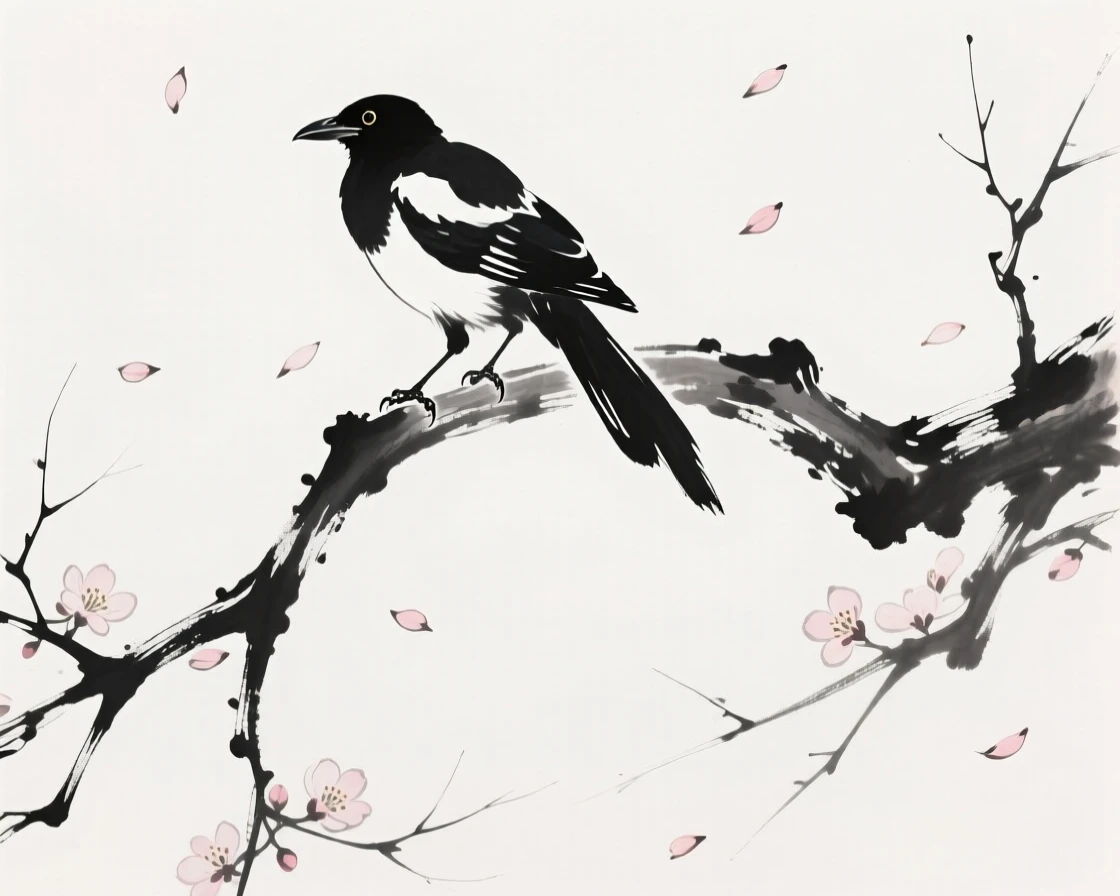 A magpie sits atop a bare winter branch, as petals drift down around it.