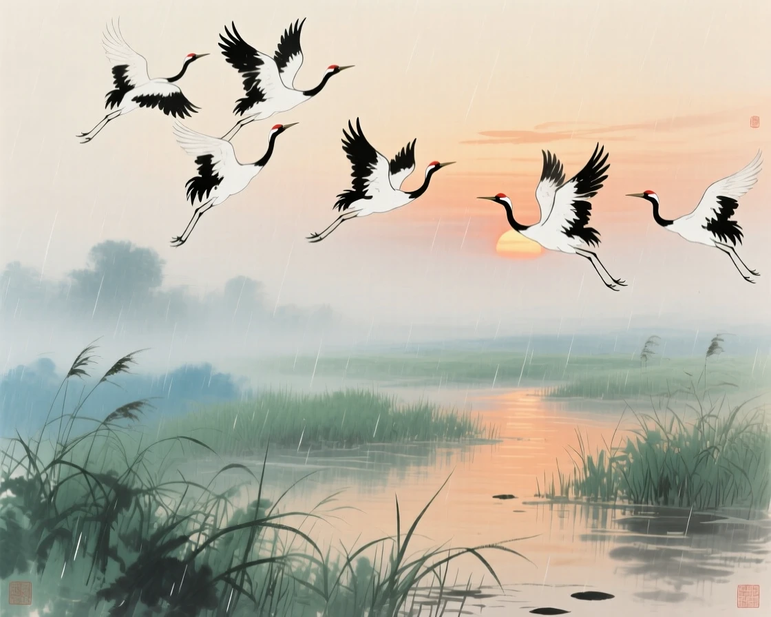 A flock of cranes wheeling above a marshland at sunset, in a gentle drizzle.