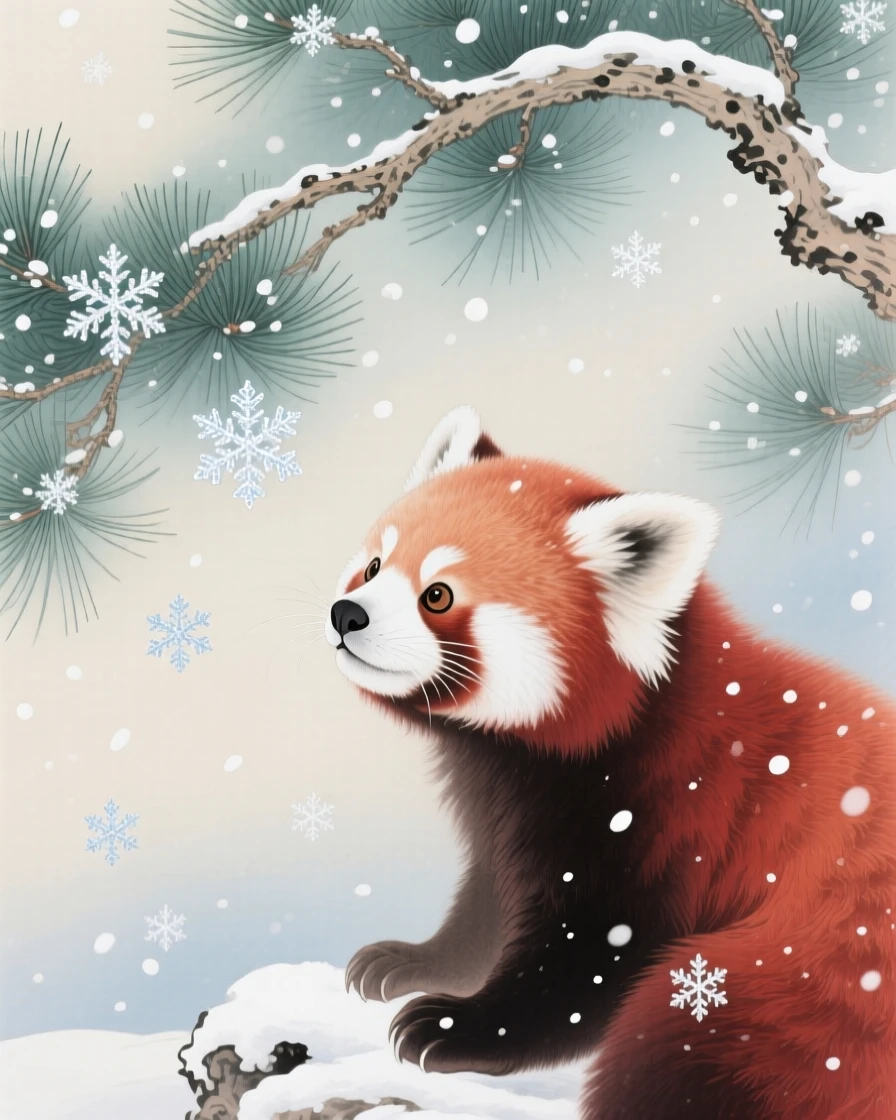 A red panda watching snowflakes fall from beneath a pine bough